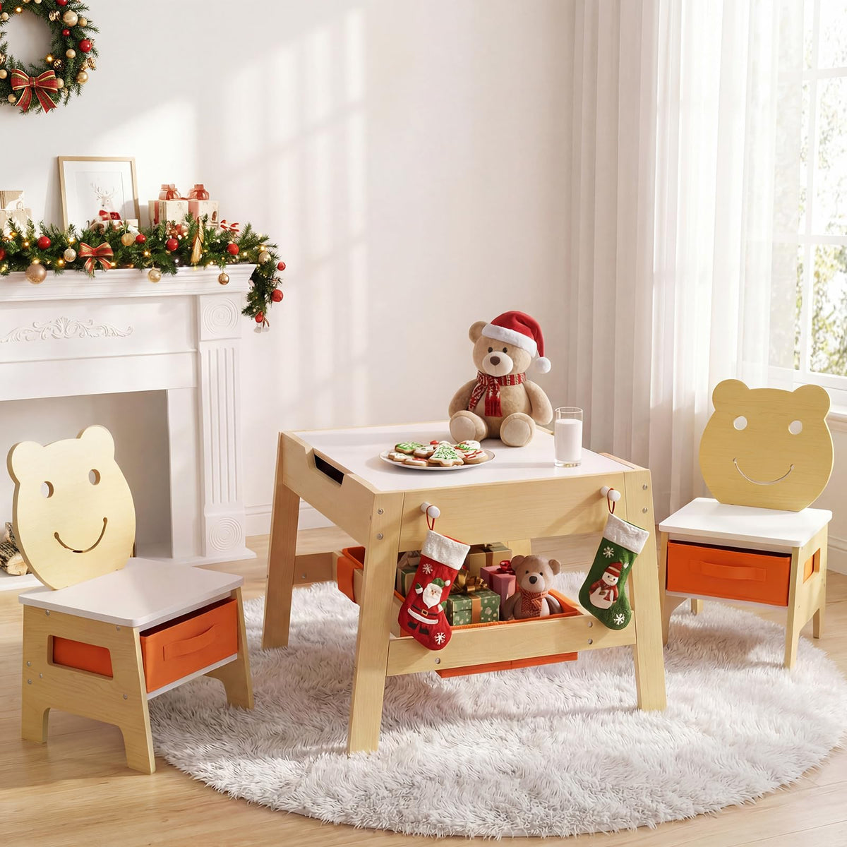 INFANS Kids Table and Chair Set, 4 in 1 Wooden Activity Desk