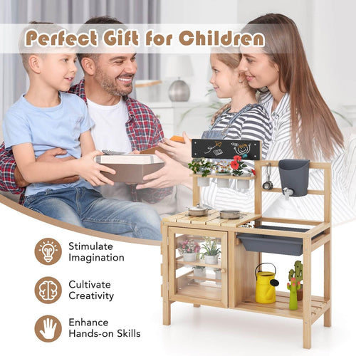 Mud Kitchen for Kids Outdoor, Wooden Toddler Play Kitchen with 12 Plant Pots, Faucet, Stoves