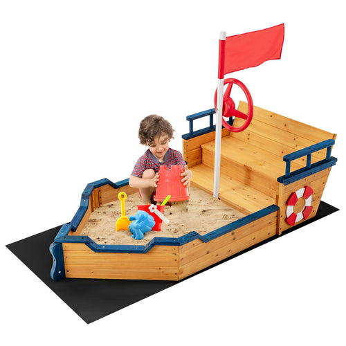 Wooden Kids Sandbox Outdoor Play Sandpit Toy w/2-in-1 Storage Benches