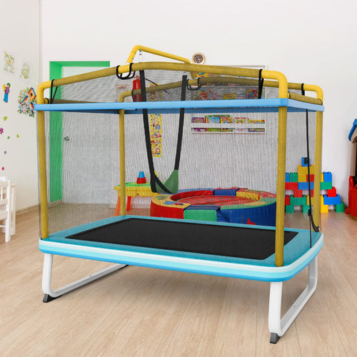 6FT Kids Trampoline, 3-in-1 Trampoline w/Swing & Horizontal Bar, Rectangle Toddler Trampoline