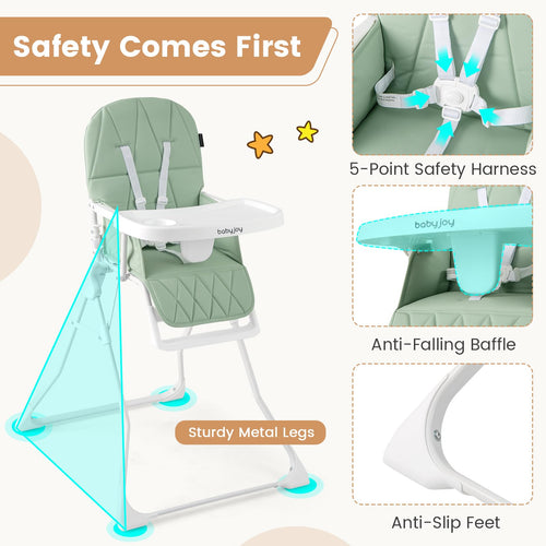 Foldable High Chair Easy Clean Compact Highchair with Removable Adjustable Tray and PU Seat Cushion