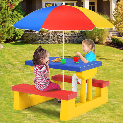 Kids Picnic Table Set, Table Bench Set for Toddlers w/Removable Umbrella