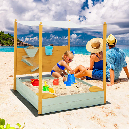 Kids Sandbox with Sand Wall, Wooden Sandpit for 3-8 Years w/Removable Canopy
