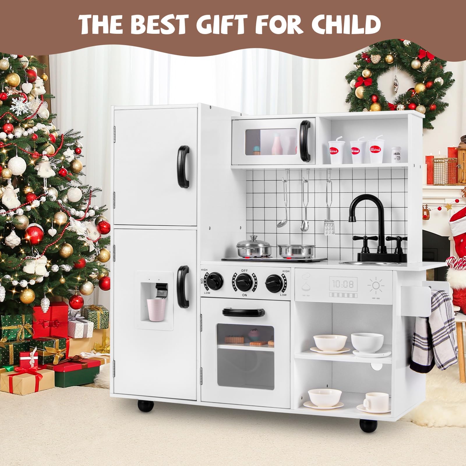 INFANS Play Kitchen for Kids, Wooden Kids Play Kitchen Playset with Realistic Light & Sounds