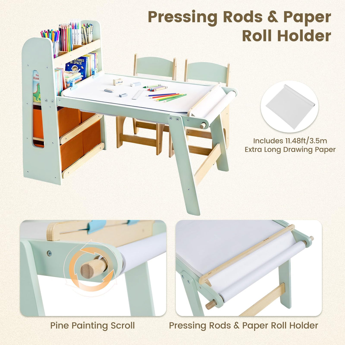 Sensory Table and Chairs Set for Toddlers, Wooden Activity Table with Paper Roll Holder,  Art Play Sand Water Desk