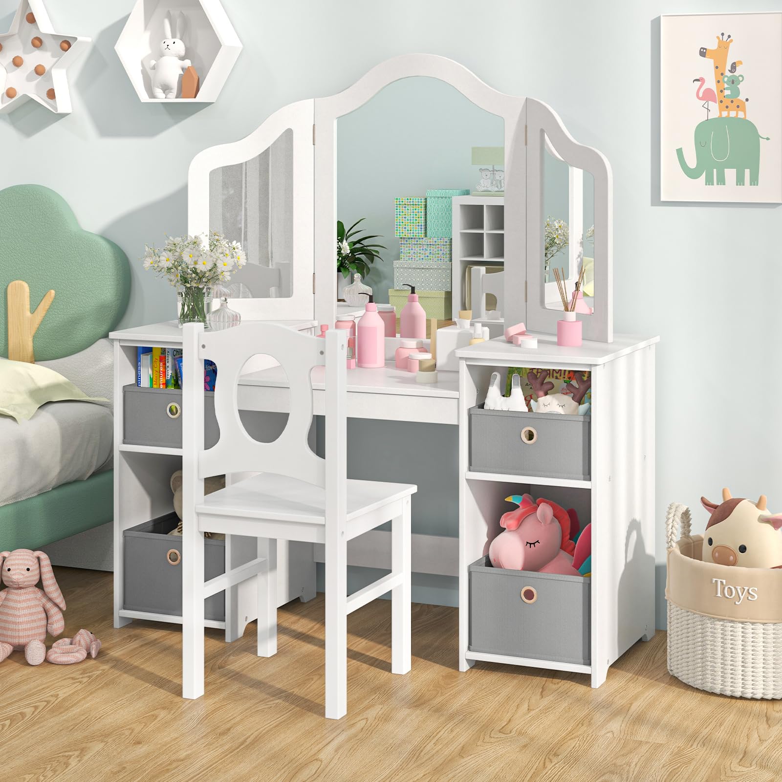 INFANS Kids Vanity, Princess Makeup Desk and Chair Set with Lights Mirror Drawer Storage Shelves