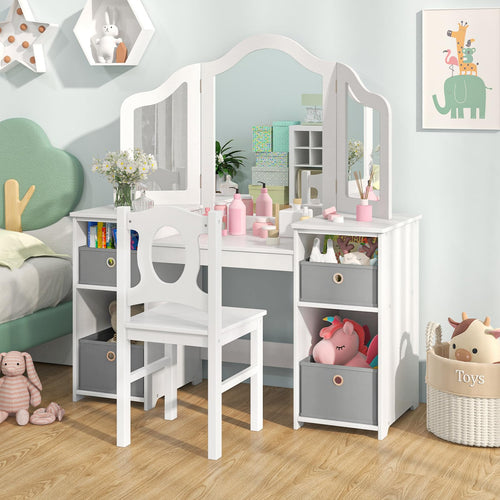 INFANS Kids Vanity, Princess Makeup Desk and Chair Set with Lights Mirror Drawer Storage Shelves