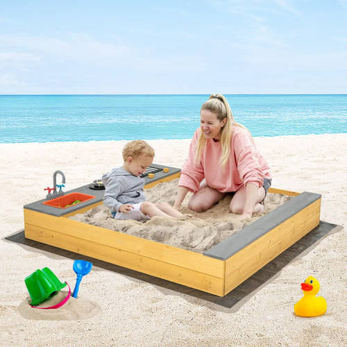 Wooden Sandbox, Kids Sand Pit with Kitchen Playset Accessories and Built-in Bench Seat