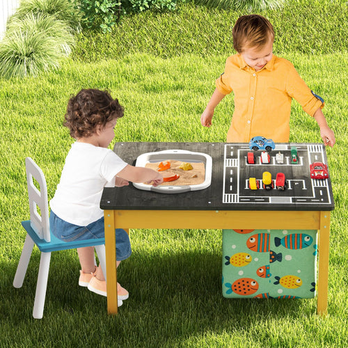 4-in-1 Kids Activity Table, Children Wooden Sensory Table Indoor Outdoor Play Study Desk w/Foldable Storage Bin