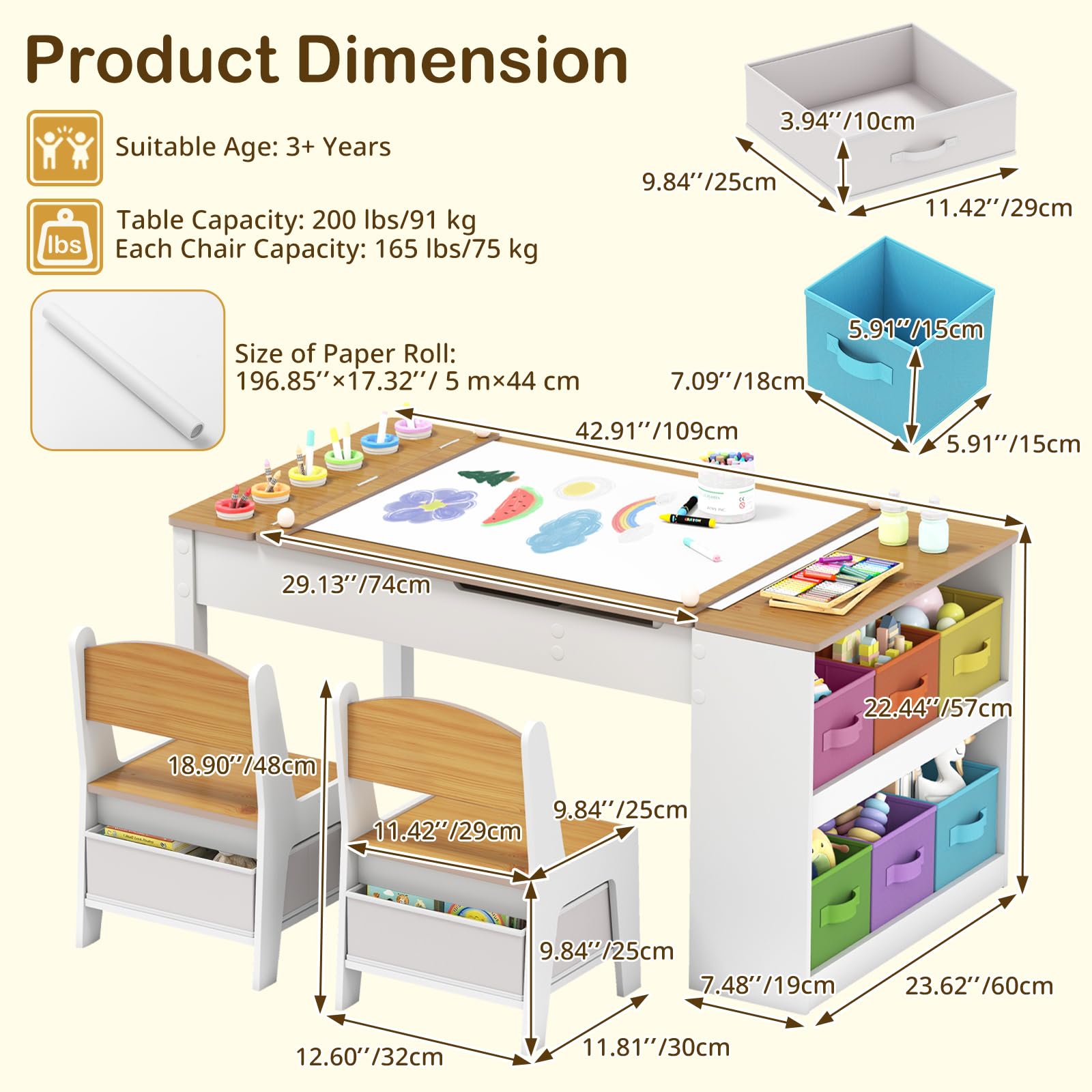 Toddler Art Craft Play Wood Activity Desk with 2 Chairs 4 Storage Canvas Bins Paper Roll for Writing Drawing