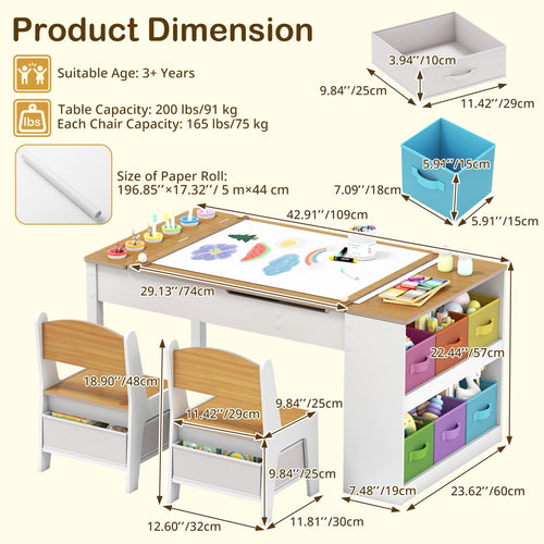 Toddler Art Craft Play Wood Activity Desk with 2 Chairs 4 Storage Canvas Bins Paper Roll for Writing Drawing