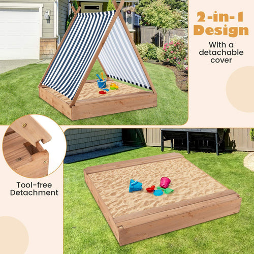 Kids Sandpit Wooden Sandbox Sand Pit Play Station w/Canopy Bench Seats