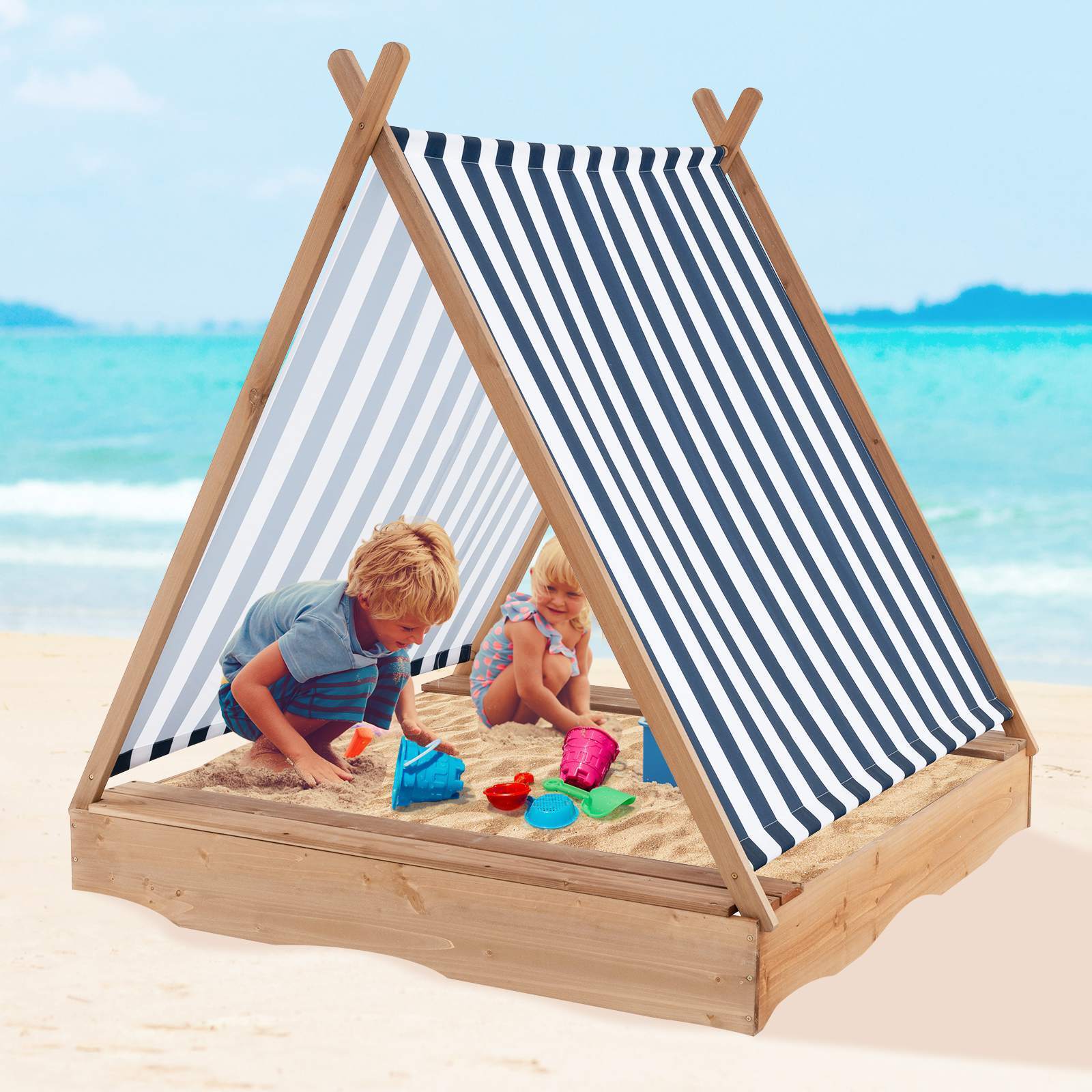 HONEY JOY Kids Sandpit Wooden Sandbox Sand Pit Play Station w/Canopy Bench Seats