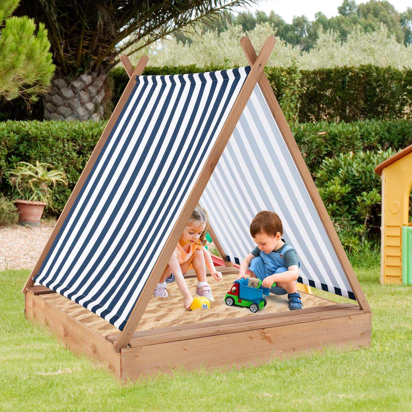HONEY JOY Kids Sandpit Wooden Sandbox Sand Pit Play Station w/Canopy Bench Seats