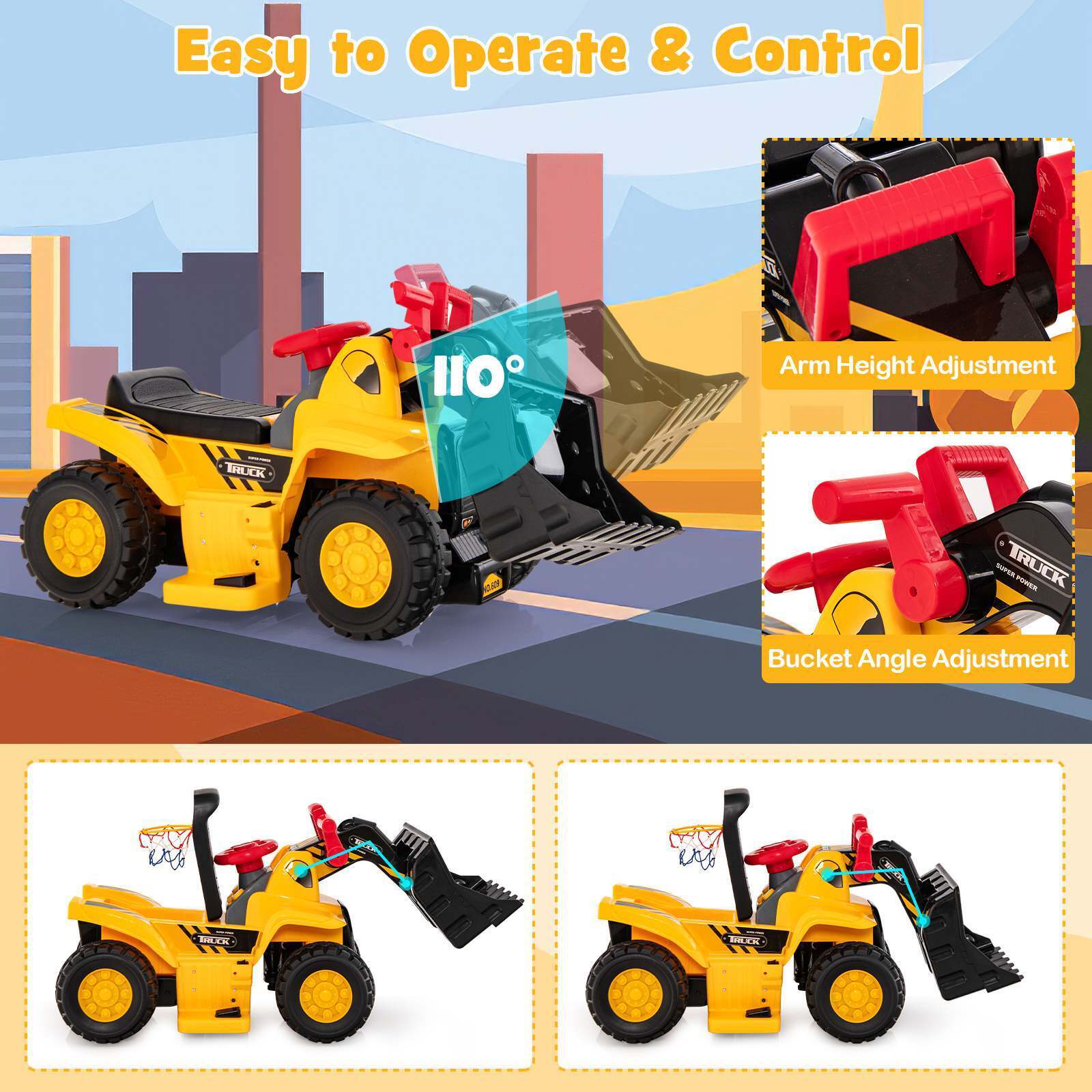 6V Kids Ride On Excavator Electric Vehicle with Basketball Hoop